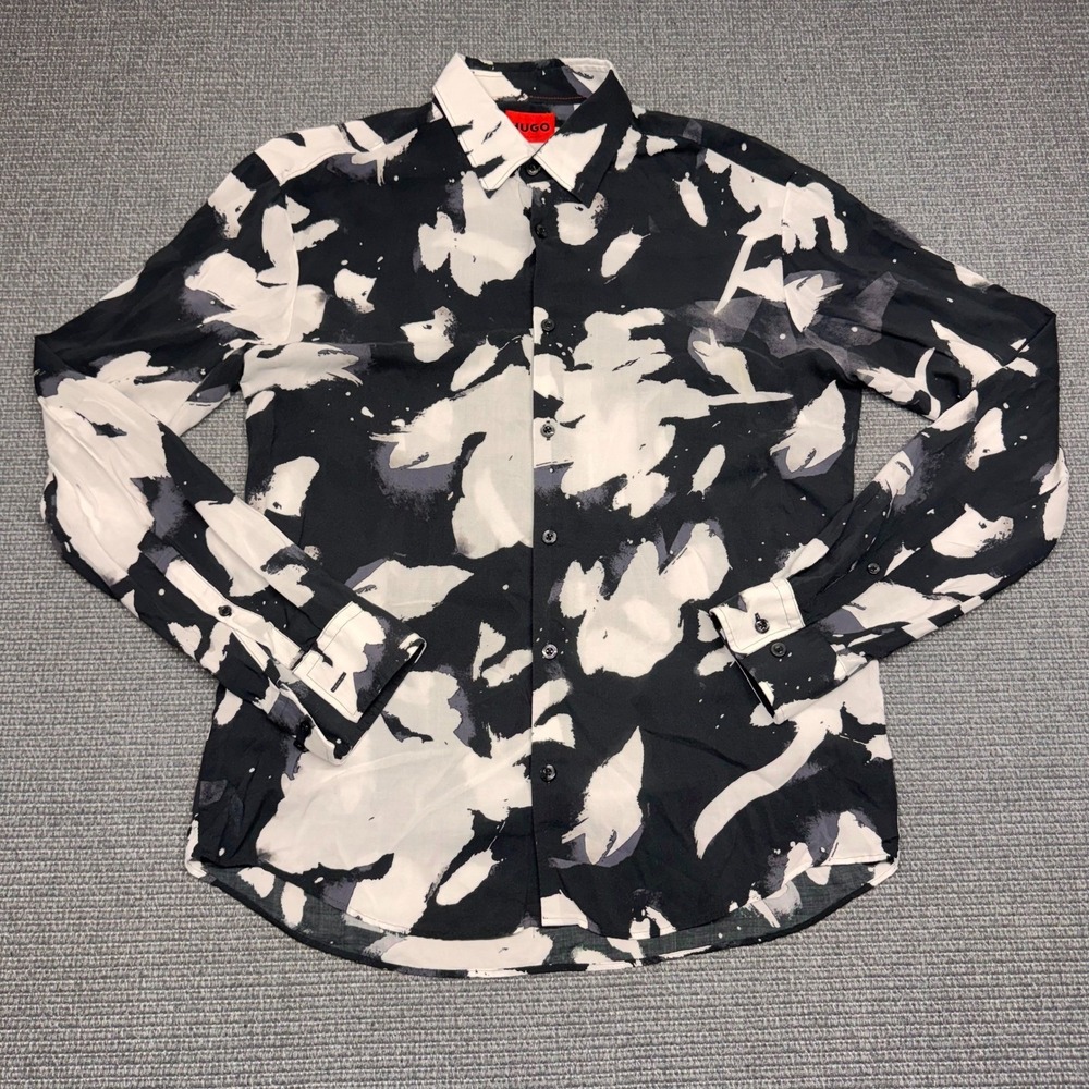 HUGO Hugo Boss Mens Abstract Brushstroke Slim Button Down‎ Shirt Black White M